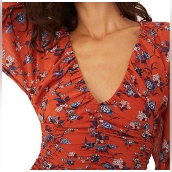 Free People Final Rose Floral Print Deep V-Neck Long Balloon Sleeve Ruched Top M - Picture 5 of 14